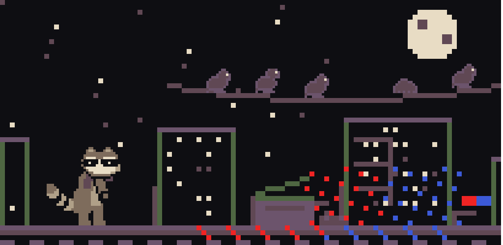 The Back Alley at night: the raccoon by the dumpsters, crows on a wire, police lights in the distance